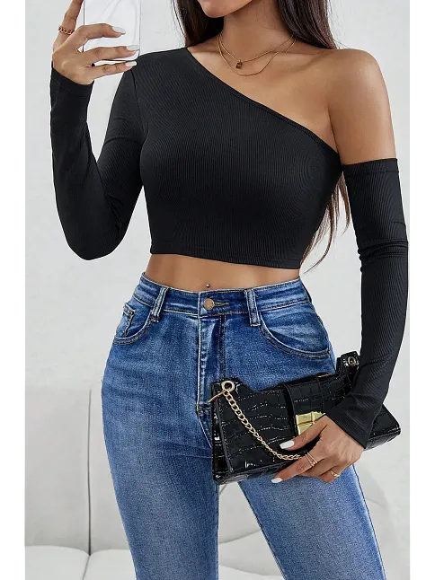 Kadın Siyah Tek Omuz Detaylı Uzun Kol Crop Top Bluz – Şık, Rahat Ve Kolay Kombinlenebilir