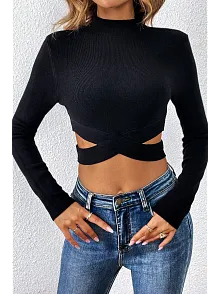 Kadın Siyah Çapraz Bel Detaylı Dik Yaka Uzun Kol Crop Top Bluz – Şık, Rahat Ve Kolay Kombinlenebilir
