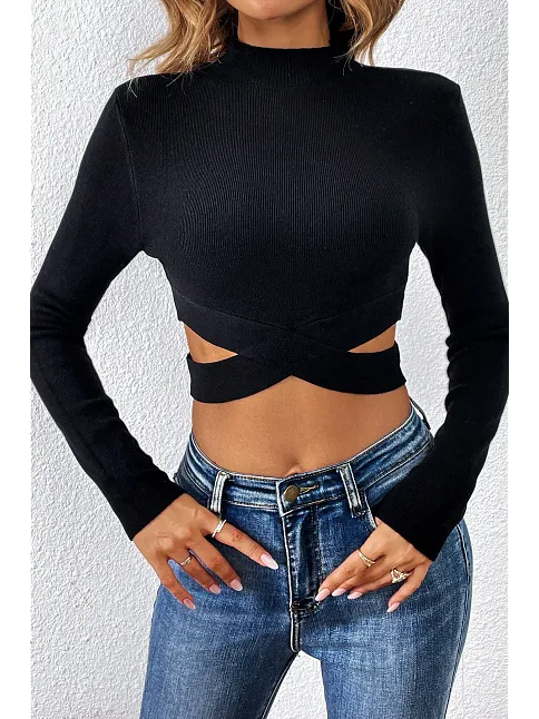 Kadın Siyah Çapraz Bel Detaylı Dik Yaka Uzun Kol Crop Top Bluz – Şık, Rahat Ve Kolay Kombinlenebilir