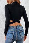 Kadın Siyah Çapraz Bel Detaylı Dik Yaka Uzun Kol Crop Top Bluz – Şık, Rahat Ve Kolay Kombinlenebilir