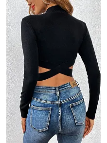 Kadın Siyah Çapraz Bel Detaylı Dik Yaka Uzun Kol Crop Top Bluz – Şık, Rahat Ve Kolay Kombinlenebilir