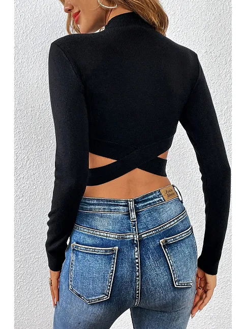 Kadın Siyah Çapraz Bel Detaylı Dik Yaka Uzun Kol Crop Top Bluz – Şık, Rahat Ve Kolay Kombinlenebilir