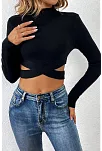 Kadın Siyah Çapraz Bel Detaylı Dik Yaka Uzun Kol Crop Top Bluz – Şık, Rahat Ve Kolay Kombinlenebilir