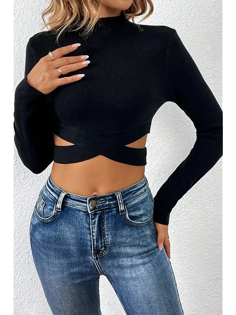 Kadın Siyah Çapraz Bel Detaylı Dik Yaka Uzun Kol Crop Top Bluz – Şık, Rahat Ve Kolay Kombinlenebilir