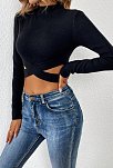 Kadın Siyah Çapraz Bel Detaylı Dik Yaka Uzun Kol Crop Top Bluz – Şık, Rahat Ve Kolay Kombinlenebilir