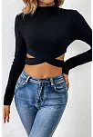Kadın Siyah Çapraz Bel Detaylı Dik Yaka Uzun Kol Crop Top Bluz – Şık, Rahat Ve Kolay Kombinlenebilir