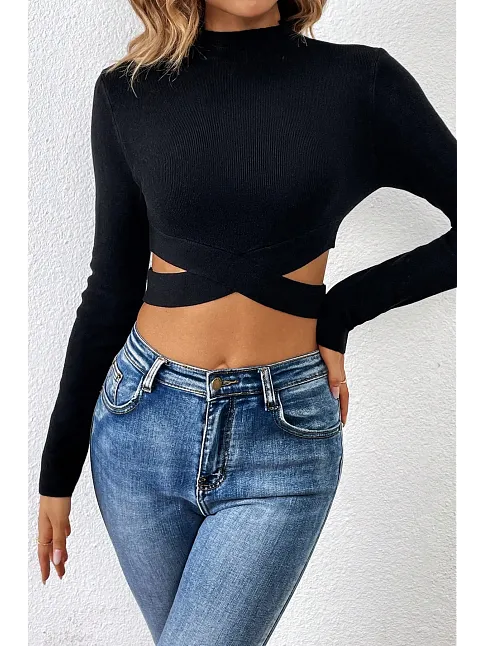 Kadın Siyah Çapraz Bel Detaylı Dik Yaka Uzun Kol Crop Top Bluz – Şık, Rahat Ve Kolay Kombinlenebilir