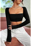 Kadın Siyah Uzun Kol Göğüs Ve Sırt Dekolteli Crop Top Bluz – Şık, Rahat Ve Kolay Kombinlenebilir