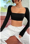 Kadın Siyah Uzun Kol Göğüs Ve Sırt Dekolteli Crop Top Bluz – Şık, Rahat Ve Kolay Kombinlenebilir
