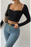 Kadın Siyah Uzun Kol Göğüs Dekolteli Şık Crop Top Bluz – Şık, Rahat Ve Kolay Kombinlenebilir