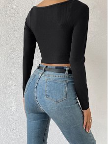 Kadın Siyah Uzun Kol Göğüs Dekolteli Şık Crop Top Bluz – Şık, Rahat Ve Kolay Kombinlenebilir