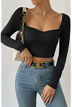 Kadın Siyah Uzun Kol Göğüs Dekolteli Şık Crop Top Bluz – Şık, Rahat Ve Kolay Kombinlenebilir