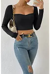 Kadın Siyah Uzun Kol Göğüs Dekolteli Şık Crop Top Bluz – Şık, Rahat Ve Kolay Kombinlenebilir