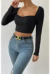 Kadın Siyah Uzun Kol Göğüs Dekolteli Şık Crop Top Bluz – Şık, Rahat Ve Kolay Kombinlenebilir