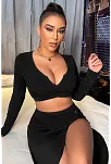 Kadın Siyah Uzun Kol Göğüs Ve Göbek Dekolteli Fermuarlı Crop Top Bluz – Şık, Rahat Ve Kolay Kombinlenebilir