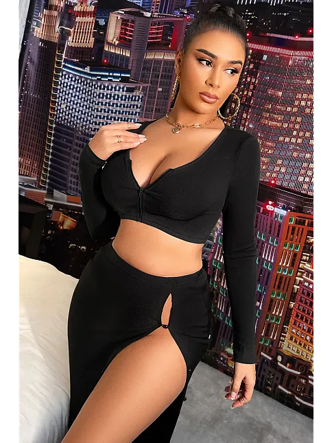 Kadın Siyah Uzun Kol Göğüs Ve Göbek Dekolteli Fermuarlı Crop Top Bluz – Şık, Rahat Ve Kolay Kombinlenebilir