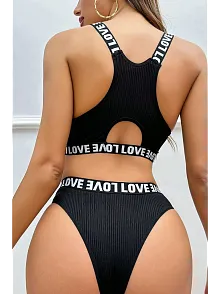 Kadın Siyah Çapraz Sırt Ve Love Lastik Detaylı Sütyen Külot Takım