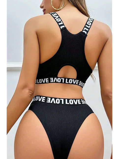 Kadın Siyah Çapraz Sırt Ve Love Lastik Detaylı Sütyen Külot Takım
