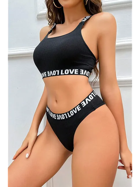 Kadın Siyah Çapraz Sırt Ve Love Lastik Detaylı Sütyen Külot Takım