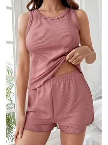 Kadın Tozlu Pembe Kenarları Fırfırlı Şortlu Kaşkorse Gecelik Takımı