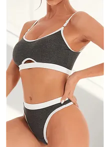 Kadın Gri Antrasit Kaşkorse Ve Beyaz Lastikli Cut-out Tanga Külotlu Takım – Modern, Konforlu