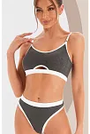Kadın Gri Antrasit Kaşkorse Ve Beyaz Lastikli Cut-out Tanga Külotlu Takım – Modern, Konforlu