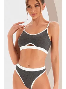 Kadın Gri Antrasit Kaşkorse Ve Beyaz Lastikli Cut-out Tanga Külotlu Takım – Modern, Konforlu