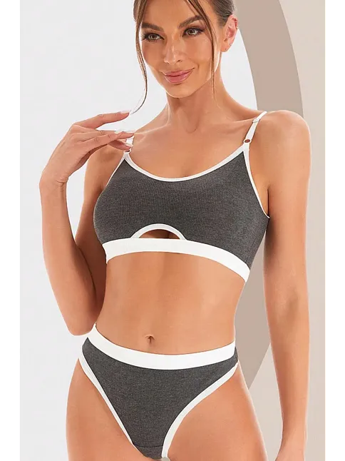 Kadın Gri Antrasit Kaşkorse Ve Beyaz Lastikli Cut-out Tanga Külotlu Takım – Modern, Konforlu