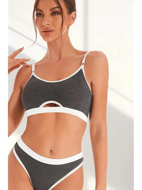 Kadın Gri Antrasit Kaşkorse Ve Beyaz Lastikli Cut-out Tanga Külotlu Takım – Modern, Konforlu