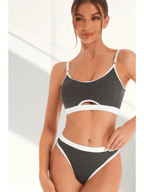 Kadın Gri Antrasit Kaşkorse Ve Beyaz Lastikli Cut-out Tanga Külotlu Takım – Modern, Konforlu