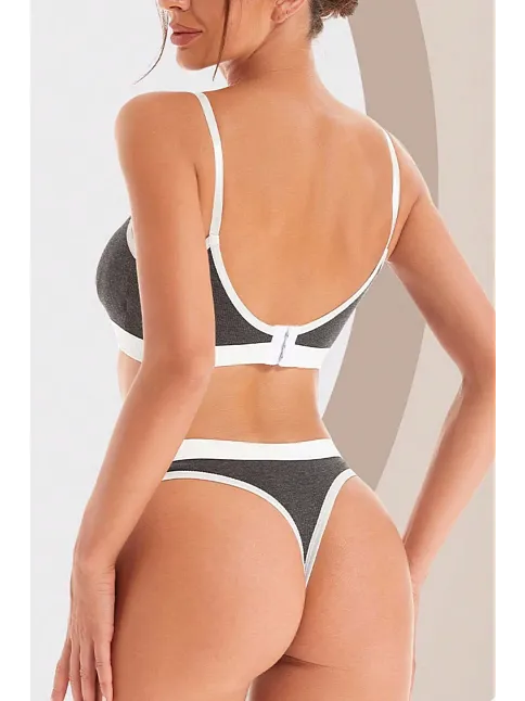 Kadın Gri Antrasit Kaşkorse Ve Beyaz Lastikli Cut-out Tanga Külotlu Takım – Modern, Konforlu