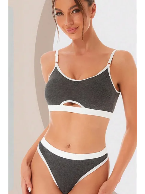 Kadın Gri Antrasit Kaşkorse Ve Beyaz Lastikli Cut-out Tanga Külotlu Takım – Modern, Konforlu