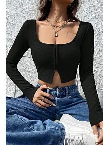 Kadın Siyah Uzun Kollu Agraflı Göğüs Ve Göbek Dekolteli Crop Top Bluz – Şık, Rahat Ve Kolay Kombinlenebilir
