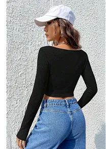 Kadın Siyah Uzun Kollu Agraflı Göğüs Ve Göbek Dekolteli Crop Top Bluz – Şık, Rahat Ve Kolay Kombinlenebilir