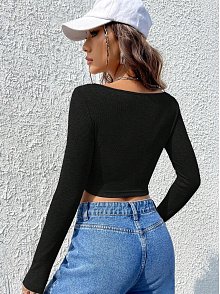 Kadın Siyah Uzun Kollu Agraflı Göğüs Ve Göbek Dekolteli Crop Top Bluz – Şık, Rahat Ve Kolay Kombinlenebilir