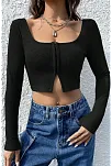 Kadın Siyah Uzun Kollu Agraflı Göğüs Ve Göbek Dekolteli Crop Top Bluz – Şık, Rahat Ve Kolay Kombinlenebilir