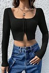 Kadın Siyah Uzun Kollu Agraflı Göğüs Ve Göbek Dekolteli Crop Top Bluz – Şık, Rahat Ve Kolay Kombinlenebilir