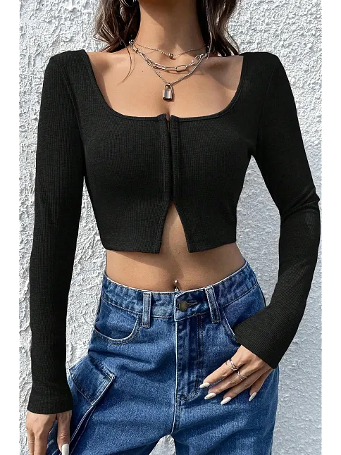 Kadın Siyah Uzun Kollu Agraflı Göğüs Ve Göbek Dekolteli Crop Top Bluz – Şık, Rahat Ve Kolay Kombinlenebilir