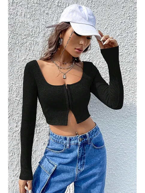 Kadın Siyah Uzun Kollu Agraflı Göğüs Ve Göbek Dekolteli Crop Top Bluz – Şık, Rahat Ve Kolay Kombinlenebilir