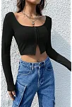 Kadın Siyah Uzun Kollu Agraflı Göğüs Ve Göbek Dekolteli Crop Top Bluz – Şık, Rahat Ve Kolay Kombinlenebilir