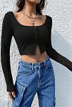 Kadın Siyah Uzun Kollu Agraflı Göğüs Ve Göbek Dekolteli Crop Top Bluz – Şık, Rahat Ve Kolay Kombinlenebilir