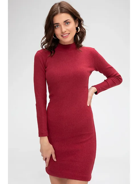 Kadın Bordo Kaşkorse Balıkçı Yaka Uzun Kollu Bodycon Mini Elbise – Şık, Rahat Ve 4 Mevsim