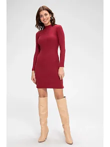 Kadın Bordo Kaşkorse Balıkçı Yaka Uzun Kollu Bodycon Mini Elbise – Şık, Rahat Ve 4 Mevsim