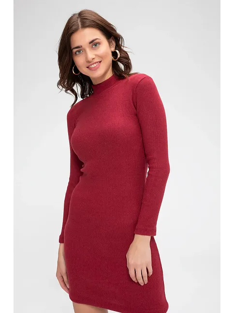 Kadın Bordo Kaşkorse Balıkçı Yaka Uzun Kollu Bodycon Mini Elbise – Şık, Rahat Ve 4 Mevsim