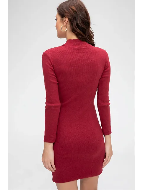 Kadın Bordo Kaşkorse Balıkçı Yaka Uzun Kollu Bodycon Mini Elbise – Şık, Rahat Ve 4 Mevsim