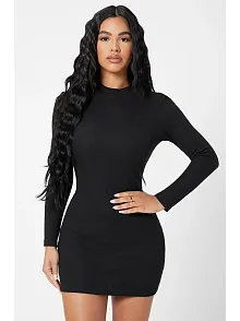Kadın Siyah Kaşkorse Balıkçı Yaka Uzun Kollu Bodycon Mini Elbise