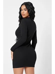Kadın Siyah Kaşkorse Balıkçı Yaka Uzun Kollu Bodycon Mini Elbise