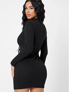 Kadın Siyah Kaşkorse Balıkçı Yaka Uzun Kollu Bodycon Mini Elbise