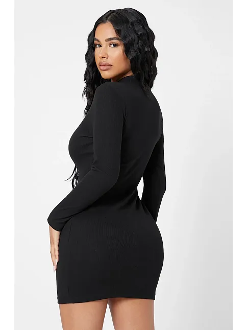 Kadın Siyah Kaşkorse Balıkçı Yaka Uzun Kollu Bodycon Mini Elbise