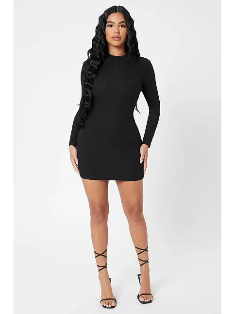 Kadın Siyah Kaşkorse Balıkçı Yaka Uzun Kollu Bodycon Mini Elbise
